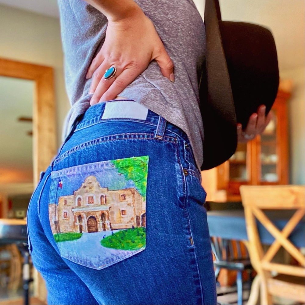 Handpainted Alamo Texas RE/DONE Mid Rise Straight Leg Jeans San Antonio Cowgirl - Picture 13 of 13